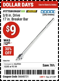 Harbor Freight Coupon PITTSBURGH PRO 3/8 IN. DRIVE, 17 IN. BREAKER BAR Lot No. 67931 Expired: 2/11/26 - $9