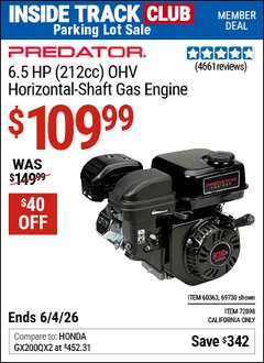 Harbor Freight ITC Coupon PREDATOR 6.5 HP (212CC) OHV HORIZONTAL-SHAFT GAS ENGINE Lot No. 69730/60363/72898 Expired: 6/4/26 - $109.99