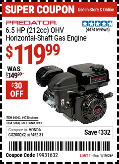 Harbor Freight Coupon PREDATOR 6.5 HP (212CC) OHV HORIZONTAL-SHAFT GAS ENGINE Lot No. 69730/69730/69727/72898 Valid Thru: 1/19/26 - $119.99