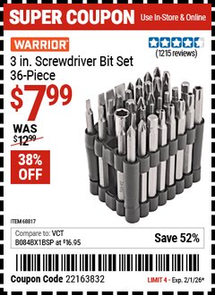 Harbor Freight Coupon WARRIOR 3 IN. SCREWDRIVER BIT SET, 36-PIECE Lot No. 68817 Expired: 2/1/26 - $7.99