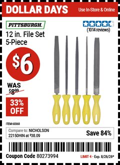 Harbor Freight Coupon PITTSBURGH 12 IN. FILE SET, 5-PIECE Lot No. 60368 Expired: 8/26/26 - $6
