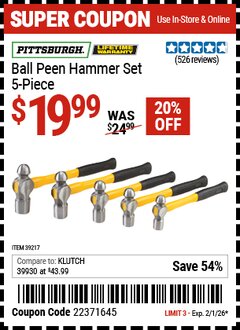 Harbor Freight Coupon PITTSBURGH BALL PEEN HAMMER SET, 5-PIECE Lot No. 39217 Valid Thru: 2/1/26 - $19.99