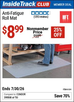 Harbor Freight ITC Coupon HFT ANTI-FATIGUE ROLL MAT Lot No. 61241 Dates Valid: 12/31/69 - 7/30/26 - $8.99