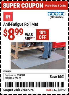 Harbor Freight Coupon HFT ANTI-FATIGUE ROLL MAT Lot No. 61241 Valid Thru: 2/16/26 - $8.99