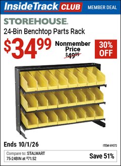 Harbor Freight Coupon STOREHOUSE 24-BIN BENCHTOP PARTS RACK Lot No. 69572 Valid: 12/31/69 - 10/1/26 - $34.99