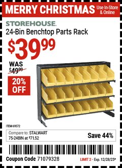 Harbor Freight Coupon STOREHOUSE 24-BIN BENCHTOP PARTS RACK Lot No. 69572 Expired: 12/28/25 - $39.99