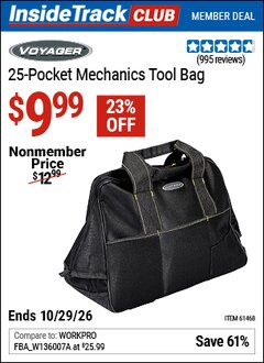 Harbor Freight ITC Coupon VOYAGER 25-POCKET MECHANICS TOOL BAG Lot No. 61468 Dates Valid: 12/31/69 - 10/29/26 - $9.99