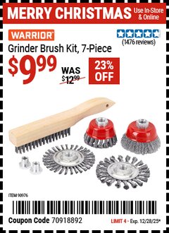 Harbor Freight Coupon WARRIOR GRINDER BRUSH KIT, 7-PIECE Lot No. 90976 Expired: 12/28/25 - $9.99