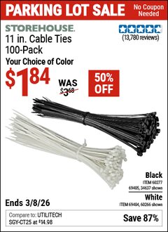 Harbor Freight Coupon STOREHOUSE 11 IN. UV-RESISTANT BLACK CABLE TIES, 100-PACK Lot No. 34637/69405/60277/60266/69404 Expired: 3/8/26 - $1.84