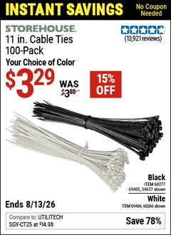 Harbor Freight Coupon STOREHOUSE 11 IN. CABLE TIES, 100-PACK Lot No. 34637/69405/60277/60266/69404 Valid Thru: 6/13/26 - $3.29
