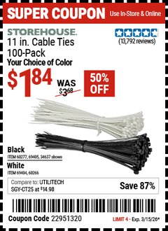 Harbor Freight Coupon STOREHOUSE 11 IN. UV-RESISTANT BLACK CABLE TIES, 100-PACK Lot No. 34637/69405/60277/60266/69404 Expired: 3/15/26 - $1.84
