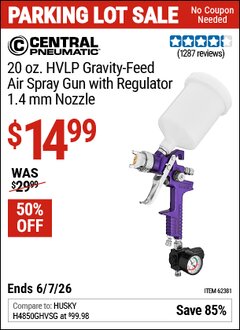 Harbor Freight Coupon CENTRAL PNEUMATIC 20 OZ. HVLP GRAVITY-FEED AIR SPRAY GUN WITH REGULATOR, 1.4 MM NOZZLE Lot No. 62381 Valid Thru: 6/7/26 - $14.99