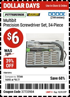 Harbor Freight Coupon PITTSBURGH MULTIBIT PRECISION SCREWDRIVER SET, 34-PIECE Lot No. 93916 Expired: 12/31/25 - $6