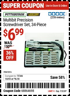 Harbor Freight Coupon PITTSBURGH MULTIBIT PRECISION SCREWDRIVER SET, 34-PIECE Lot No. 93916 Valid Thru: 7/5/26 - $6.99