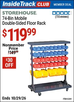 Harbor Freight ITC Coupon STOREHOUSE 74-BIN MOBILE DOUBLE-SIDED FLOOR RACK Lot No. 62269/95551 Dates Valid: 12/31/69 - 10/29/26 - $119.99