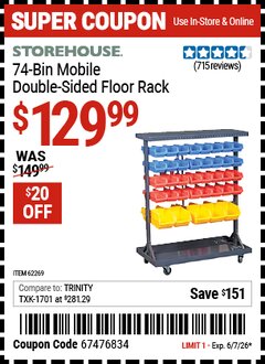 Harbor Freight Coupon STOREHOUSE 74-BIN MOBILE DOUBLE-SIDED FLOOR RACK Lot No. 62269/95551 EXPIRES: 6/7/26 - $129.99