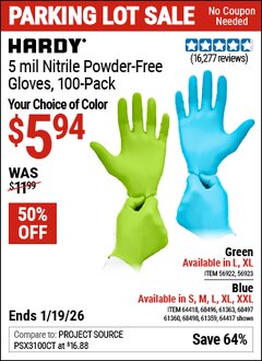 Harbor Freight Coupon HARDY 5 MIL NITRILE POWDER-FREE GLOVES, 100-PACK, LIGHT BLUE Lot No. 64417/64418/68496/61363/68497/61360/68498/61359 Expired: 12/31/69 - $5.94