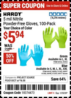 Harbor Freight Coupon HARDY 5 MIL NITRILE POWDER-FREE GLOVES, 100-PACK, LIGHT BLUE Lot No. 64417/64418/68496/61363/68497/61360/68498/61359 Expired: 1/25/26 - $5.94